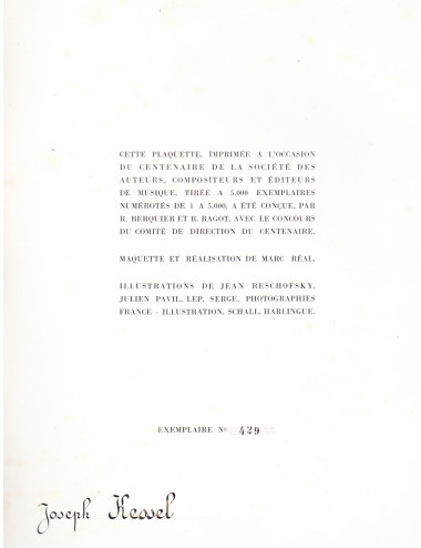 CENTENAIRE DE LA SACEM Société des auteurs, compositeurs et éditeurs de musique. 1850-1950. (BERQUIER R., RAGOT R.)